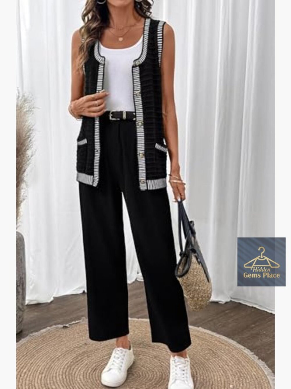 Sleeveless Button Down Cardigan with Pockets, V-Neck, Knit Sweater Vest - Picture 3 of 7